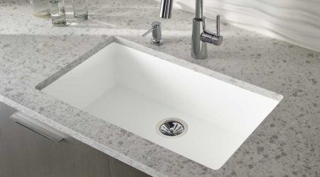 gray counters and white sink